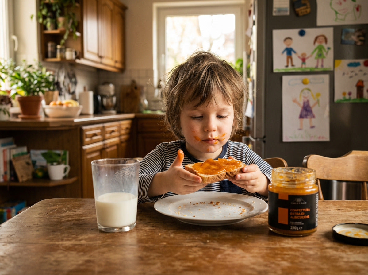 Bambino che fa colazione con pane e confettura di albicocca