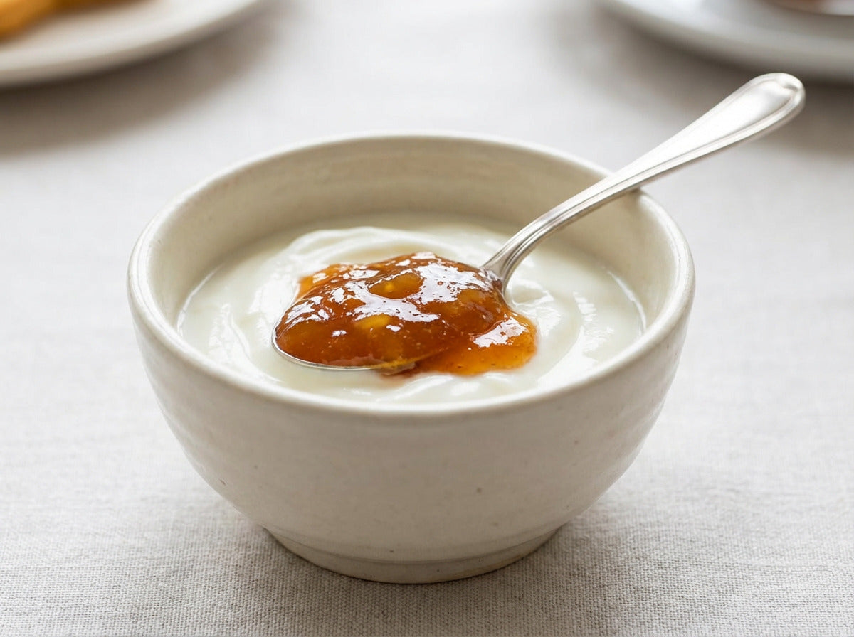 Yogurt o ricotta con confettura di pesche al vino rosso