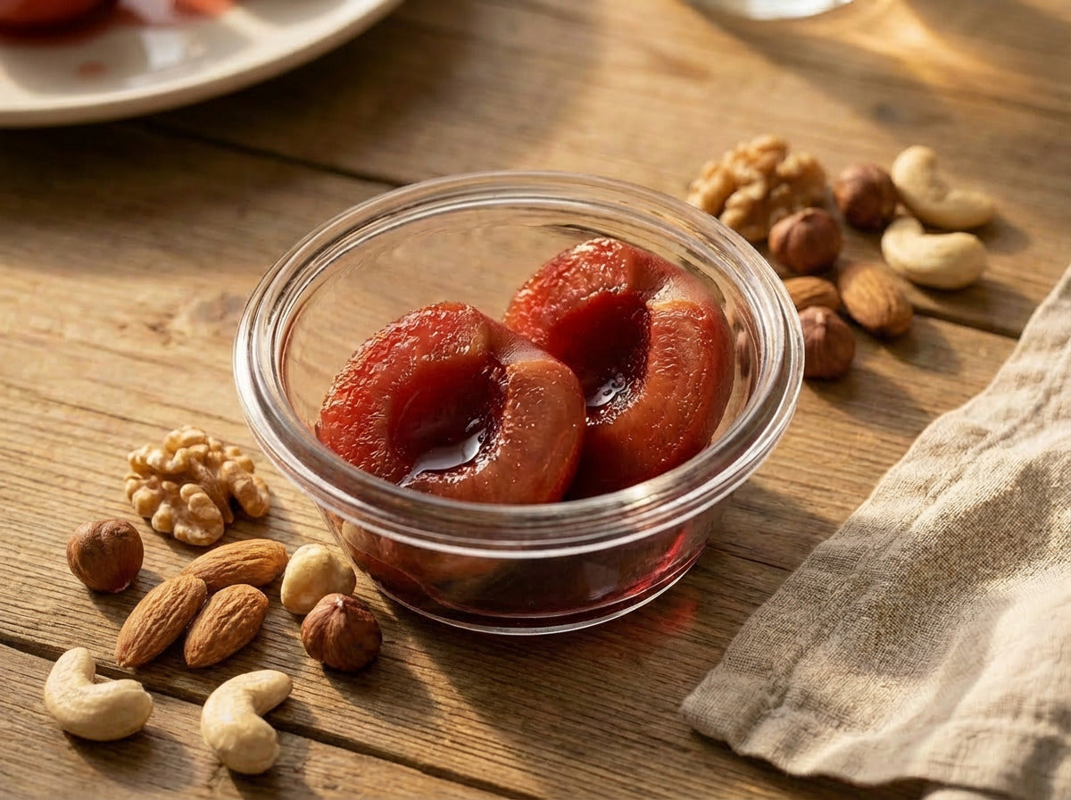 Pesche al vino rosso con frutta secca come snack