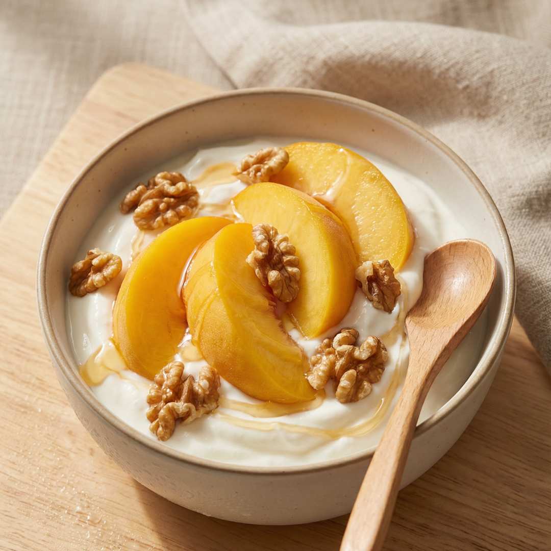 Colazione: yogurt greco con Pesche Sciroppate e noci