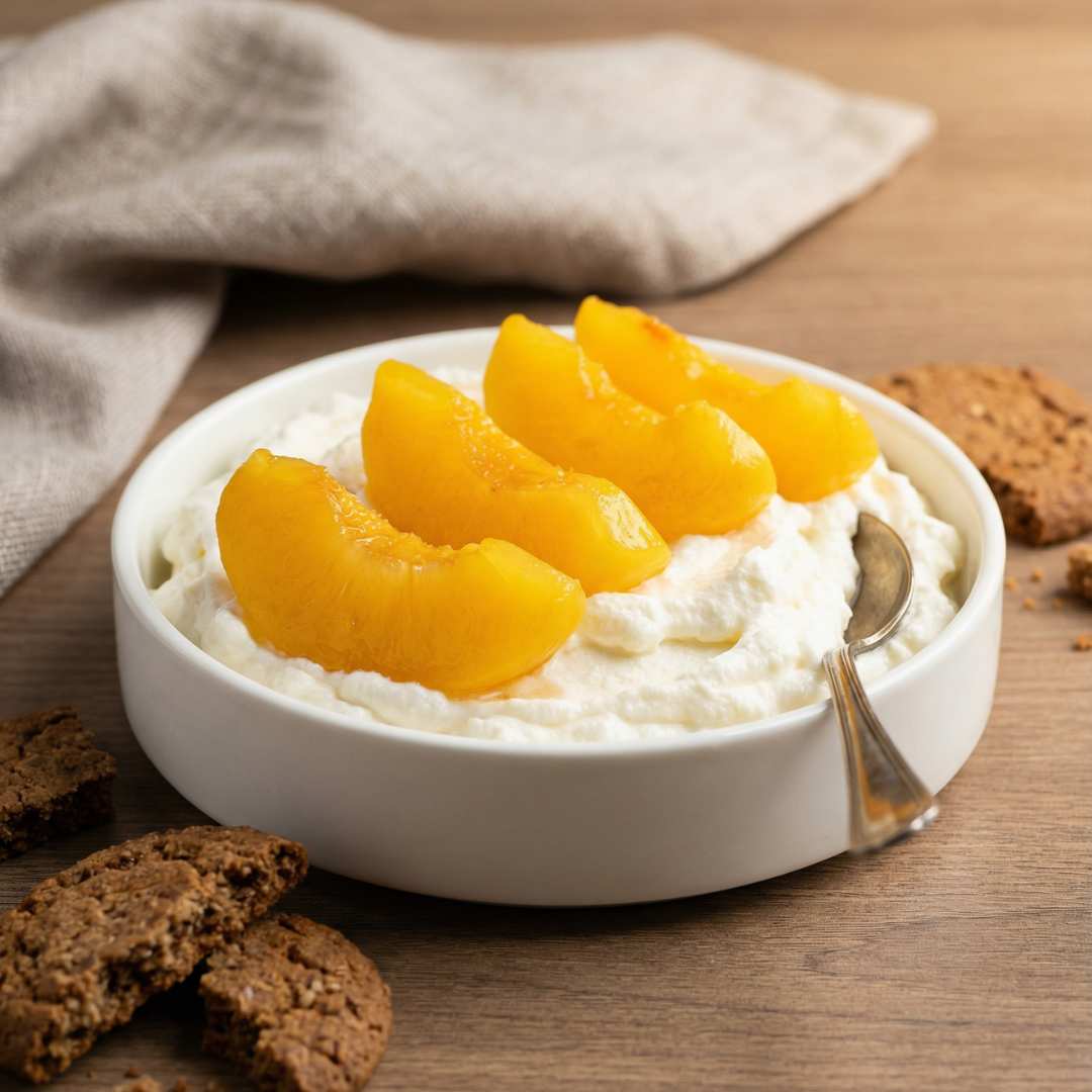 Dessert light: ricotta montata con Pesche Sciroppate e biscotti integrali