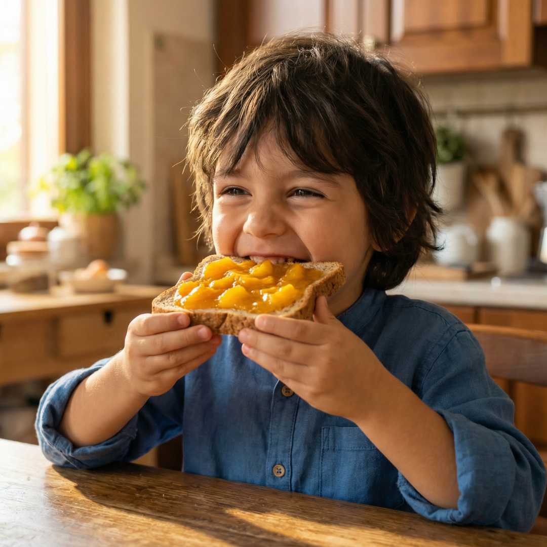 Bambino che mangia pane integrale con confettura di pesche