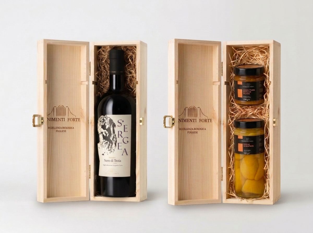 Box regalo in legno Tenimenti Forte con S'Ergea e con pesche sciroppate e confettura